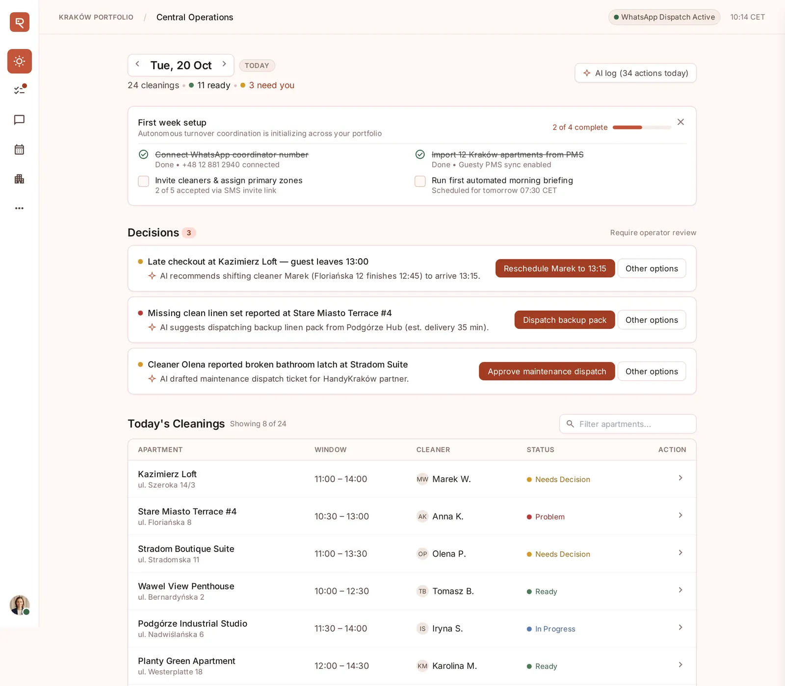 The Readyby Today screen: decisions waiting for you and today’s cleanings with their status